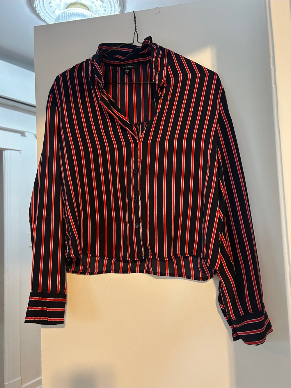 Dynamite Navy Button-Down Blouse with Red and White Stripes